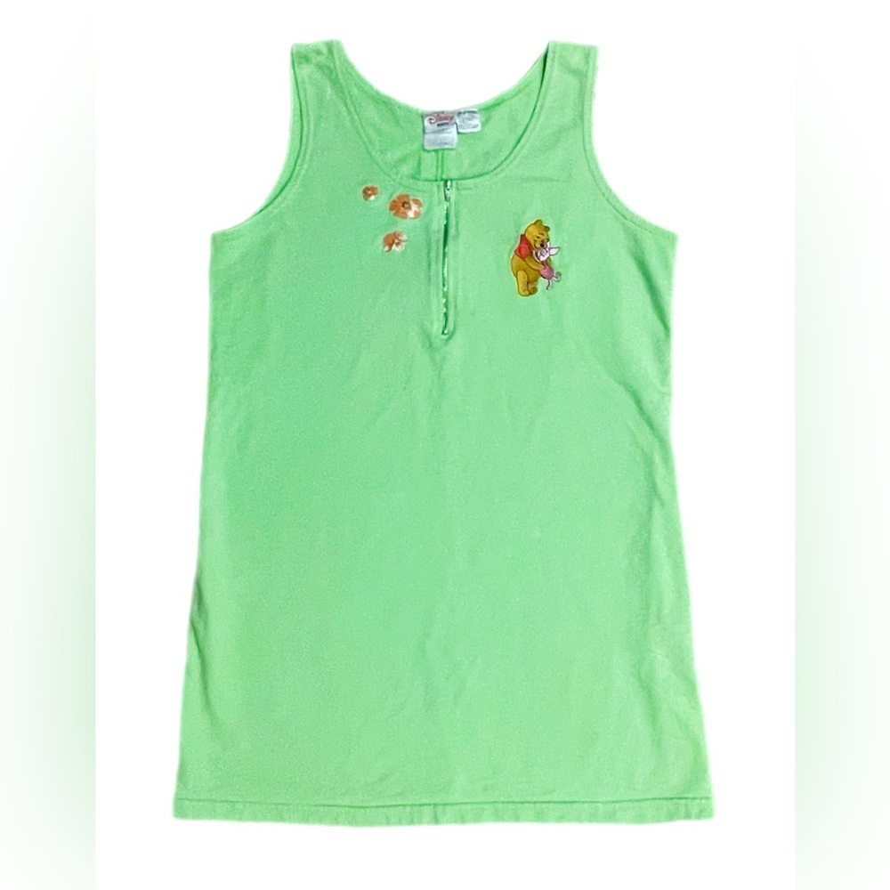 VTG 90s Disney Winnie the Pooh Piglet Embroidered Lime Green Tank Shift Dress L